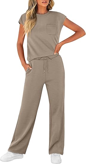 2 Piece Sets for Women Casual Summer Travel Vacation Outfits Cap Sleeve Wide Leg Crop Pants Lounge Sets with Pockets