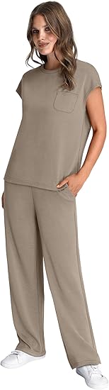 2 Piece Sets for Women Casual Summer Travel Vacation Outfits Cap Sleeve Wide Leg Crop Pants Lounge Sets with Pockets