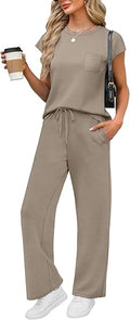 2 Piece Sets for Women Casual Summer Travel Vacation Outfits Cap Sleeve Wide Leg Crop Pants Lounge Sets with Pockets