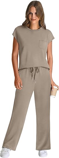 2 Piece Sets for Women Casual Summer Travel Vacation Outfits Cap Sleeve Wide Leg Crop Pants Lounge Sets with Pockets