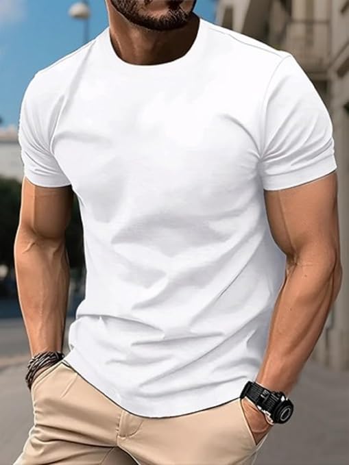 Men's White Crew Neck T-Shirt, Casual Short Sleeve Solid Tee, Soft Breathable Cotton Summer Top for Daily Wear M-XXL