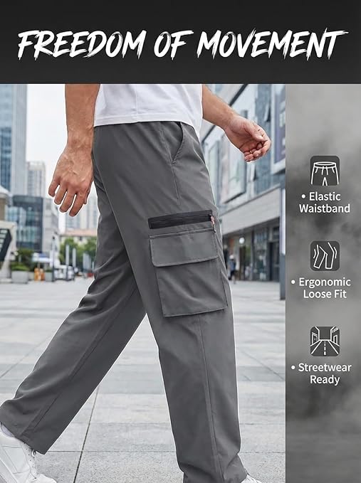 Men's Casual Cargo Pants - Lightweight Elastic Waist with Pockets Hiking Outdoor