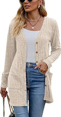 Women's Long Sleeve Open Front Cardigans, Button Down V Neck Lightweight Outwear Jumpers with Pockets, Solid Rayon Polyester Spandex