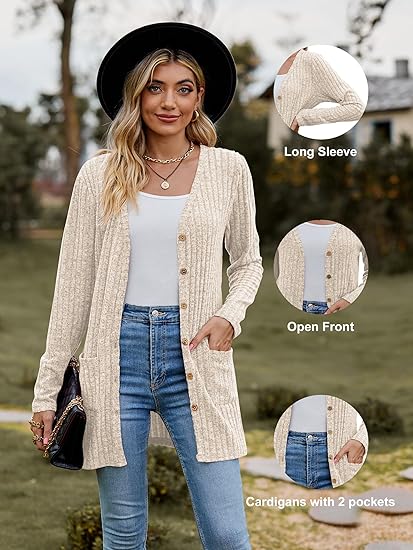 Women's Long Sleeve Open Front Cardigans, Button Down V Neck Lightweight Outwear Jumpers with Pockets, Solid Rayon Polyester Spandex