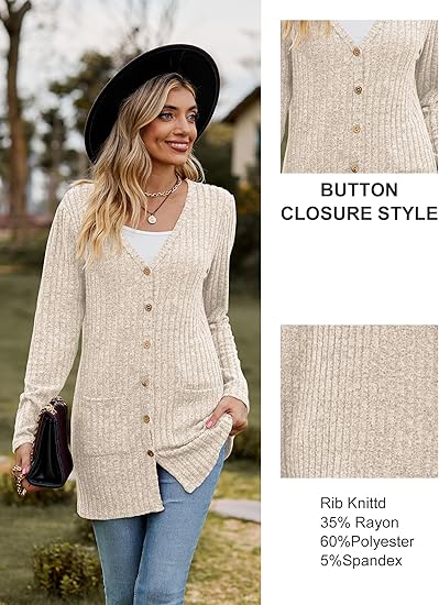 Women's Long Sleeve Open Front Cardigans, Button Down V Neck Lightweight Outwear Jumpers with Pockets, Solid Rayon Polyester Spandex