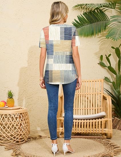 Women Tops Short Sleeve Button Dressy Tunic Summer V Neck T-Shirts Casual Pleated Fashion Blouses Shirts