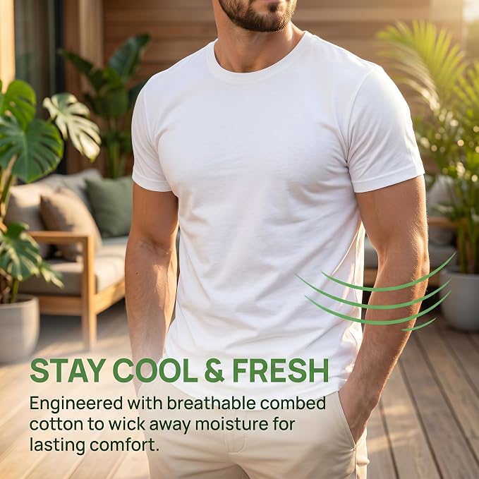 Men's White Crew Neck T-Shirt, Casual Short Sleeve Solid Tee, Soft Breathable Cotton Summer Top for Daily Wear M-XXL