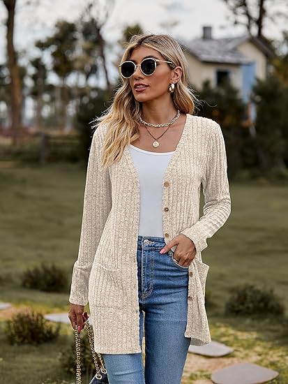 Women's Long Sleeve Open Front Cardigans, Button Down V Neck Lightweight Outwear Jumpers with Pockets, Solid Rayon Polyester Spandex