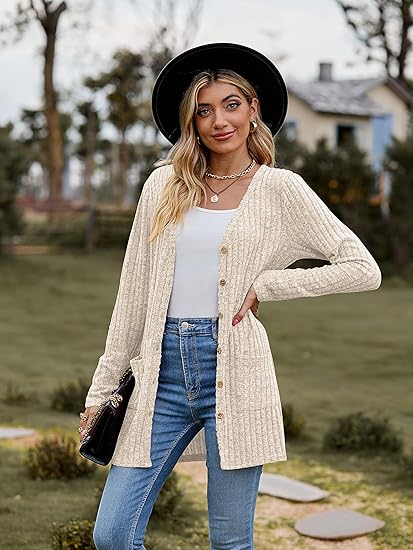 Women's Long Sleeve Open Front Cardigans, Button Down V Neck Lightweight Outwear Jumpers with Pockets, Solid Rayon Polyester Spandex