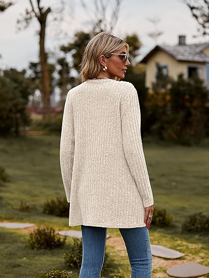 Women's Long Sleeve Open Front Cardigans, Button Down V Neck Lightweight Outwear Jumpers with Pockets, Solid Rayon Polyester Spandex